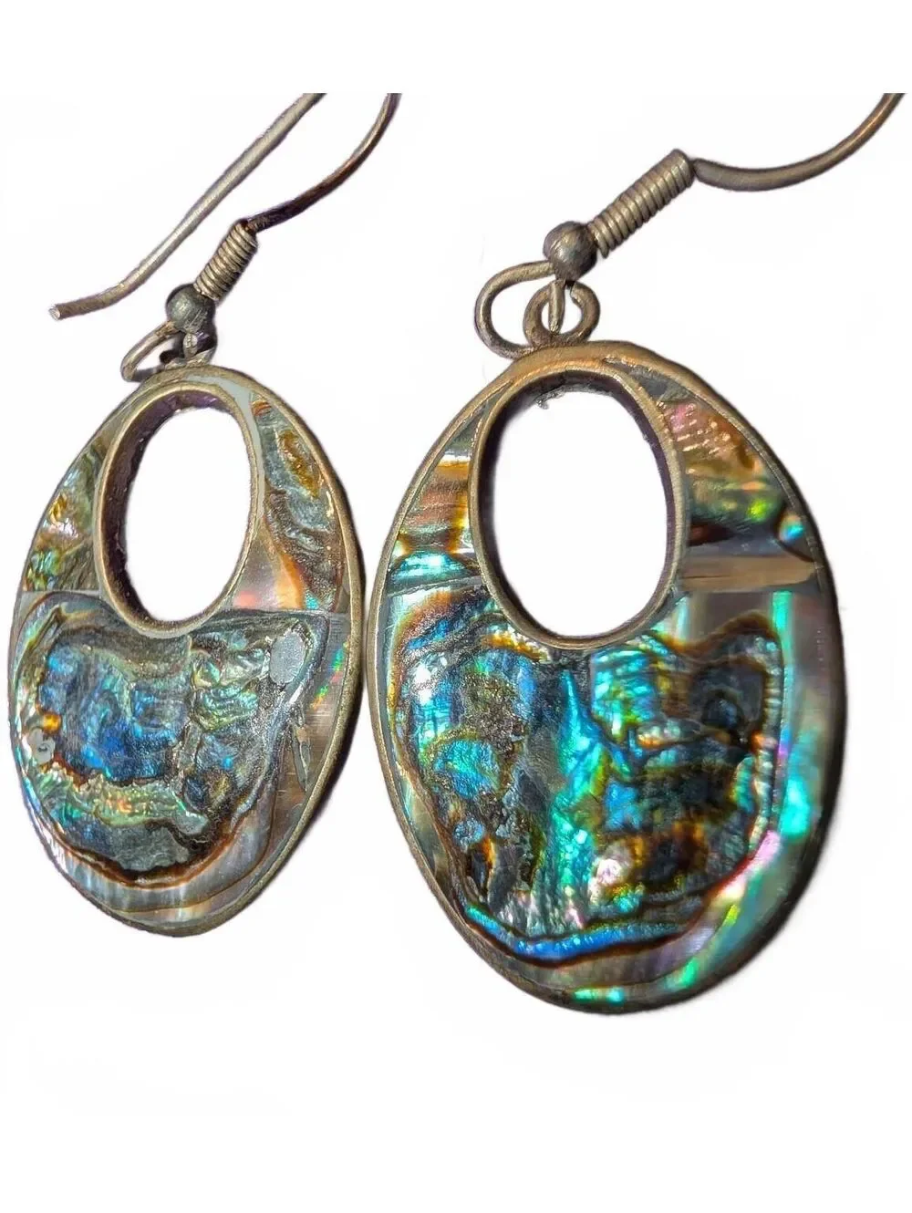 Vintage Alpaca Mexico Oval Abalone Shell Drop Earrings with Brass Hooks